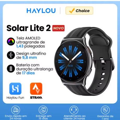 Smartwatch Haylou Solar Lite 2 com pulseira preta, exibindo mostrador circular com ponteiros azuis e informações de tela como tamanho, espessura e duração da bateria.