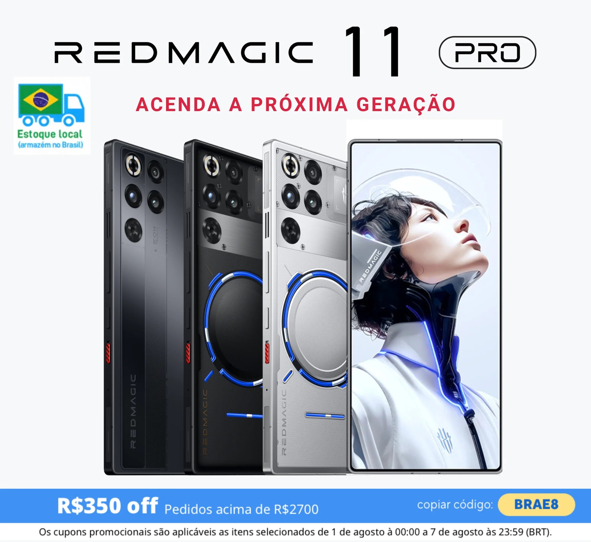 Três smartphones Redmagic 11 Pro em cores diferentes (preto, cinza escuro e prata) alinhados ao lado de um dispositivo exibindo uma imagem futurista na tela, com destaque para o design gamer e o logo da marca.