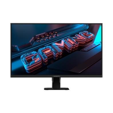 Monitor gamer Gigabyte de 27 polegadas com tela exibindo gráficos de jogo, suporte ajustável e bordas finas na cor preta