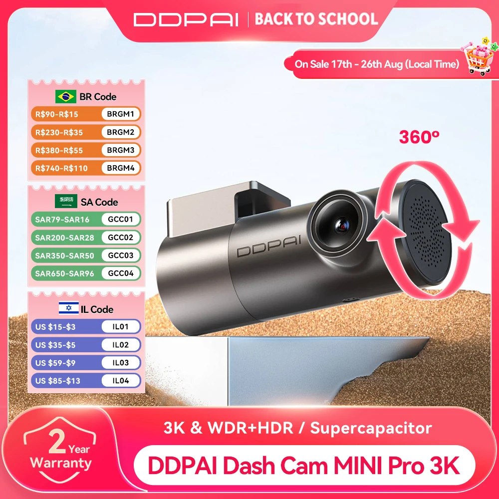 Camera Veicular Ddpai Mini Pro 3K Hdr 1620P com WiFi, Visao Noturna, Wdr, Controle por Voz e Monitoramento de Estacionamento 24H 143 ° Fov