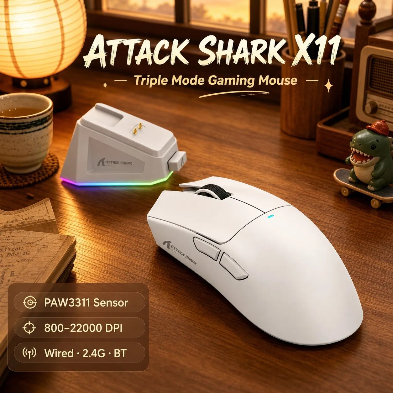 Mouse Sem Fio com Dock Attack Shark X11, Sensor PAW3311 ? ? SELECIONE ENVIO DO BRASIL