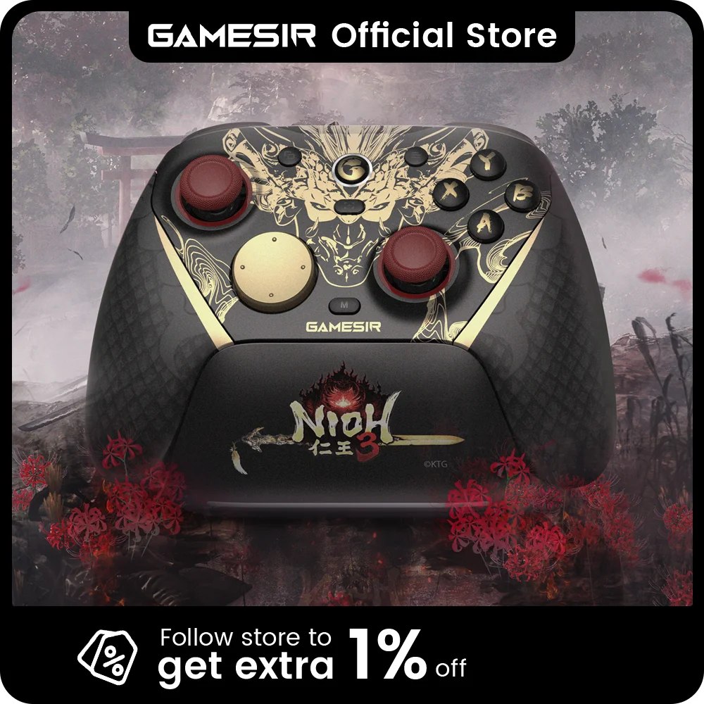 Controle GameSir G7 Pro 8K Edição Nioh 3 na cor preta com detalhes dourados e vermelhos, exibindo o logo do jogo no centro e botões personalizados
