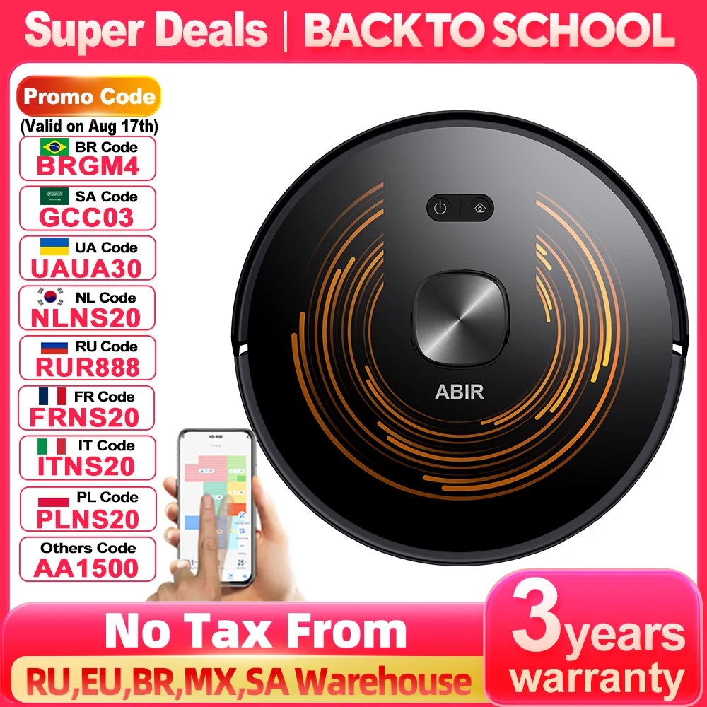 Robô aspirador ABIR X9 na cor preta com detalhes em laranja, exibindo botões de controle e um smartphone ao lado mostrando o aplicativo de mapeamento, com banners promocionais de volta às aulas ao fundo.