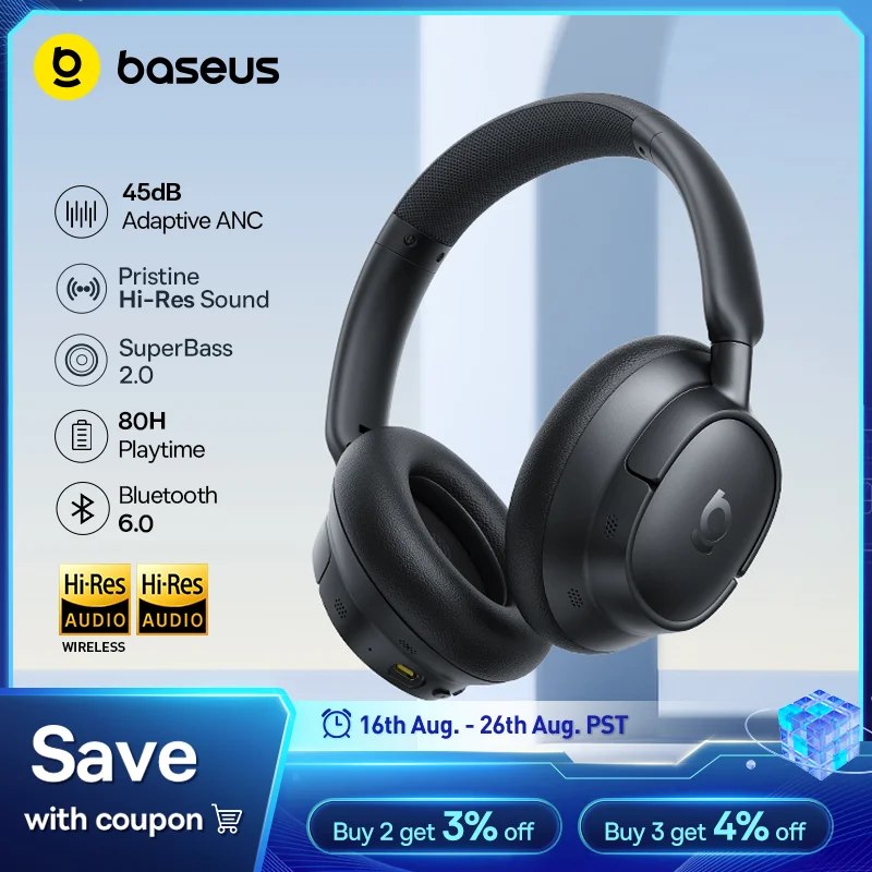 Fone de ouvido over-ear preto da marca Baseus com destaque para as especificações técnicas de cancelamento de ruído de 45dB, bateria de 80 horas e conectividade Bluetooth 6.0.