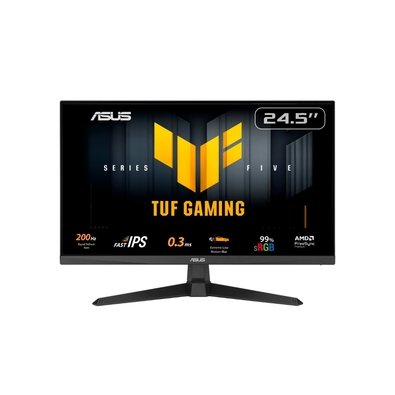 Monitor Gamer ASUS TUF de 25 polegadas com tela ligada exibindo o logotipo da série, bordas finas e base em formato de V