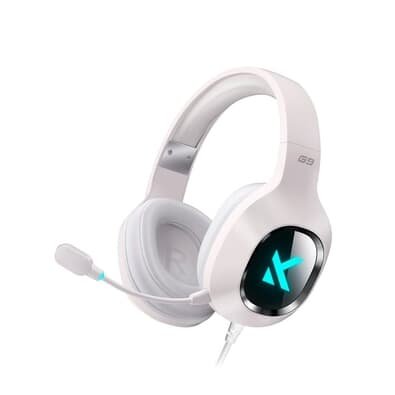 Headset gamer MCHOSE G9 Series na cor branca com microfone hasteado e iluminação azul no fone