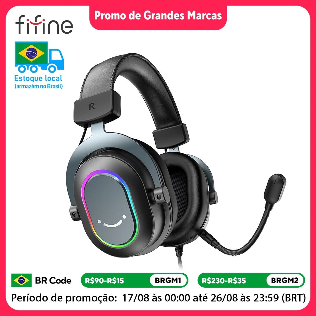 Headset Gamer Fifine H6 Ampligame na cor preta com iluminação RGB nas laterais e microfone acoplado, exibindo selo de estoque local no Brasil.
