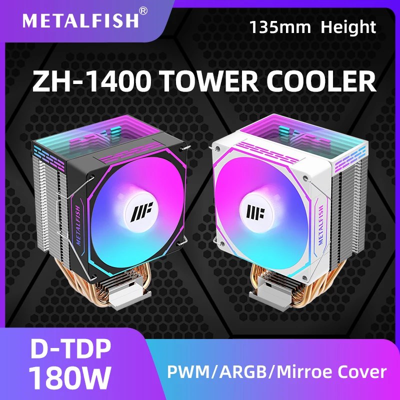 Cooler METALFISH ZH-1400 Tower Cooler com design de torre de 135mm de altura, 4 heatpipes, compatível com soquetes AM5, AM4, AM3, x99 e x79, e iluminação ARGB
