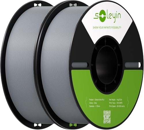 Filamento Creality Soleyin PLA 1,75 mm na cor cinza, enrolado em carretel verde com detalhes de especificação técnica