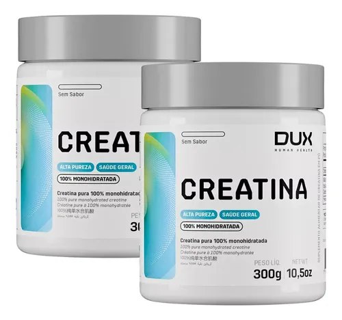 Kit com duas embalagens de creatina pura monohidratada Dux de 300g cada, sem sabor, em sachês individuais