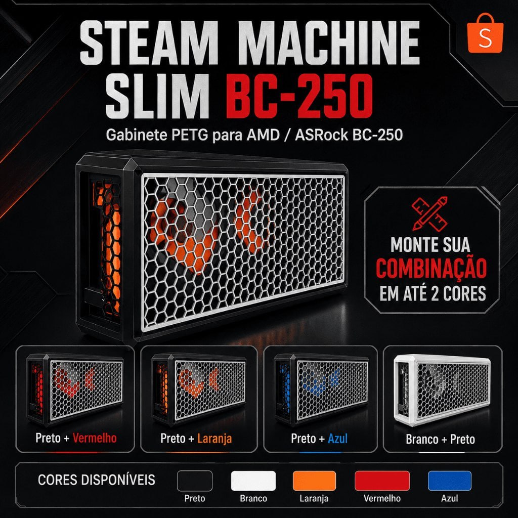 Gabinete ASRock BC-250 Steam Machine Slim BC-250 em PETG com painéis frontais e laterais em preto, laranja, azul e vermelho, compatível com placas-mãe AMD e ASRock BC-250.