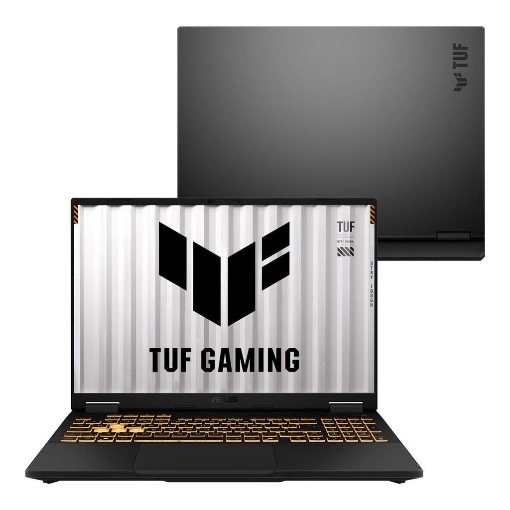 Notebook ASUS TUF Gaming F16 com design robusto, tela de 16 polegadas LED FHD+ IPS, teclado iluminado e detalhes em preto e branco