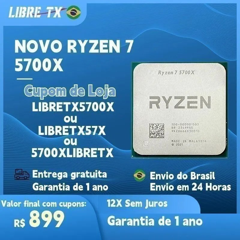 Processador AMD Ryzen 7 5700X com 8 núcleos e 16 threads, embalagem branca e detalhes em vermelho