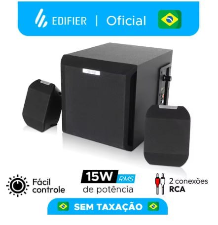 Caixa de som Edifier preta com 15W RMS e duas entradas RCA para conexão de dispositivos