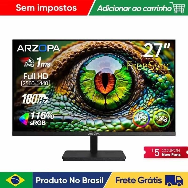 Monitor Arzopa Gamer 27 polegadas QHD com painel IPS, taxa de atualização de 180Hz, tempo de resposta de 1ms e tecnologia FreeSync