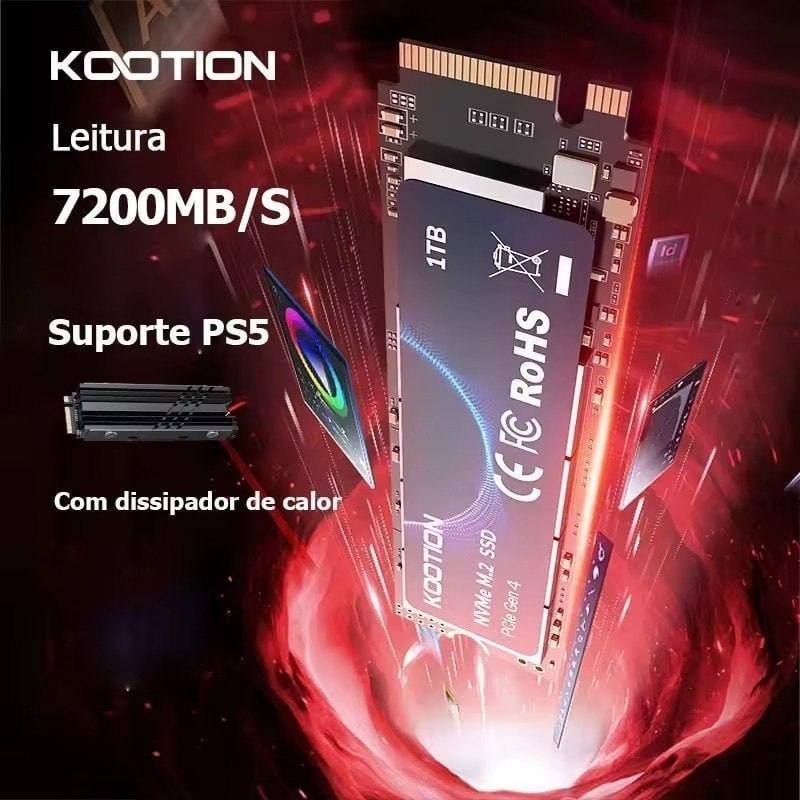 SSD NVMe Kootion de 1TB com dissipador de calor, exibindo velocidade de 7200MB/s e compatibilidade com PS5