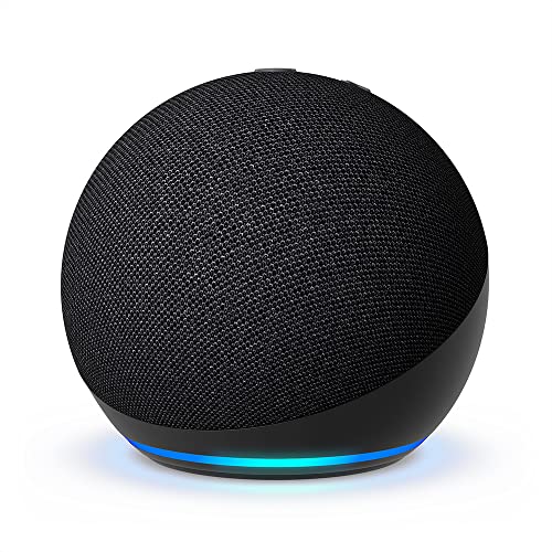 Smart speaker Echo Dot com Alexa+ na cor preta, com design compacto e botões de controle