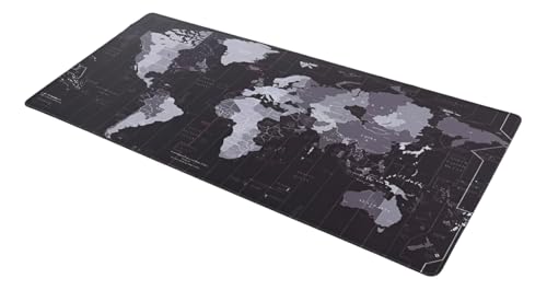 Mousepad gamer com design de mapa mundi em tom escuro, medindo 90 x 40 cm, com borda costurada e base antiderrapante