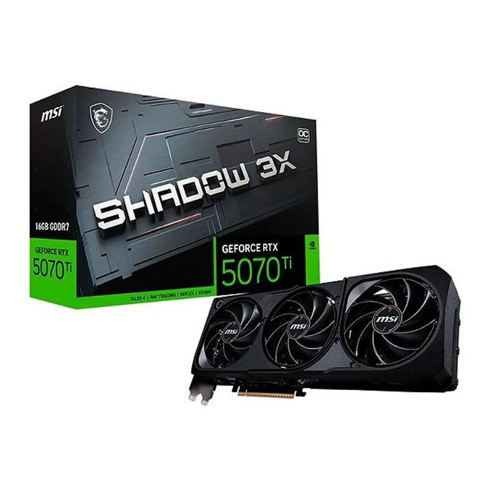 Placa de vídeo MSI GeForce RTX 5070 Ti Shadow 16GB GDDR7 com design preto e verde, três ventiladores e dissipador robusto