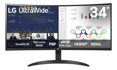 Monitor LG UltraWide Curvo 34WR50QK-B com tela de 34 polegadas, curvatura 1800R, resolução QuadHD 2K, taxa de 100Hz, HDR10 e função PBP, exibindo imagem de escritório com múltiplas janelas abertas