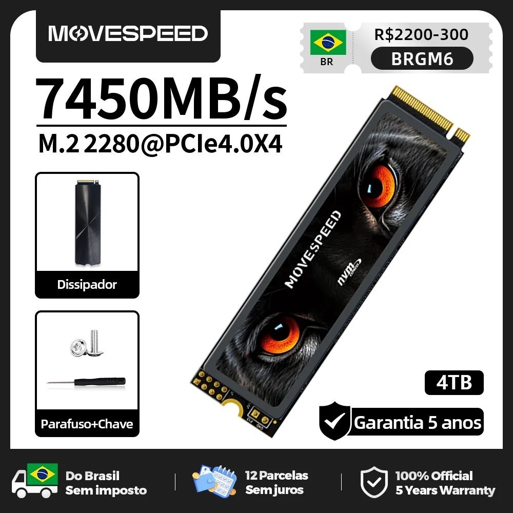 SSD Movespeed 4TB M.2 2280 com dissipador de calor, conectores PCIe 4.0 X4 e etiqueta de identificação do modelo BRGM6