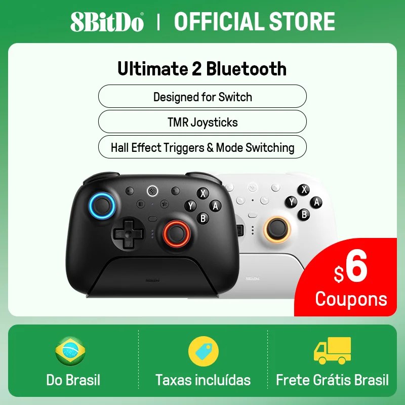 Controle de jogos 8BitDo Ultimate 2 Bluetooth preto com joysticks TMR, gatilhos comutáveis e botões ABXY para Nintendo Switch e PC