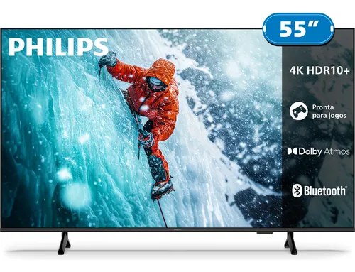 Smart TV Philips 55 polegadas 4K HDR10+ com tela exibindo cena de jogo e som Dolby Atmos