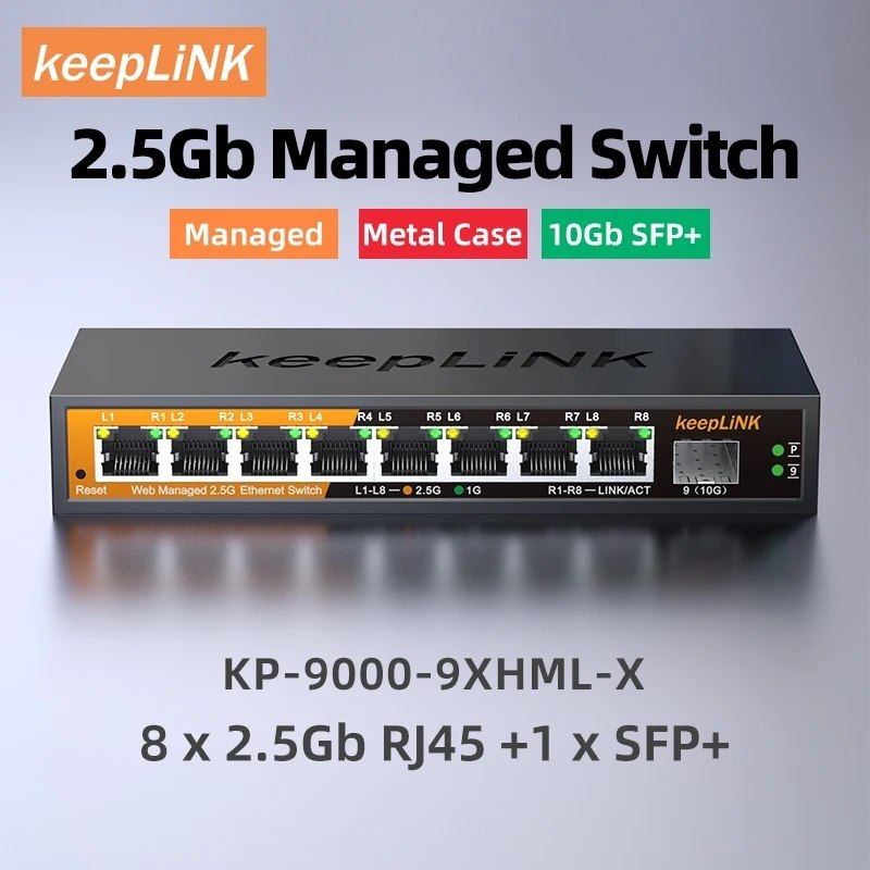 Switch gerenciado KeepLiNK com 8 portas 2,5Gb Ethernet e 1 porta 10G SFP+ em metal case