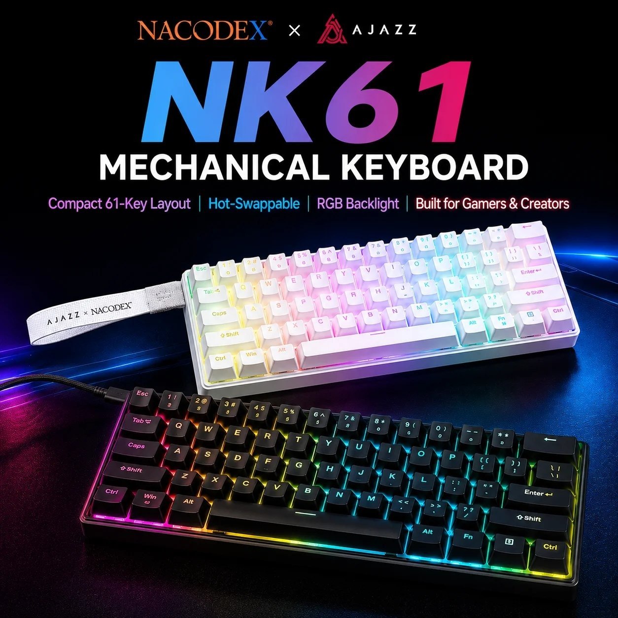 Teclado mecânico Ajazz X Nacodex NK61 com layout compacto de 61 teclas, switches vermelhos (Red), iluminação RGB e design moderno para gamers e criadores
