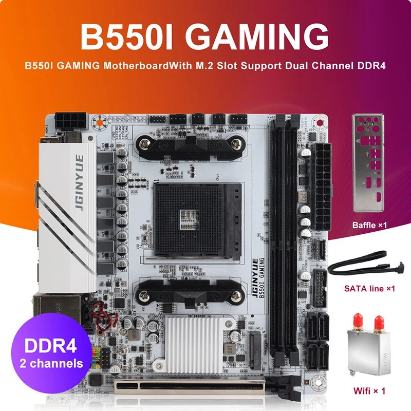 Placa-mãe JINGYUE B550I Gaming com conectores AM4, slots M.2, DDR4, WiFi e saídas de vídeo integradas