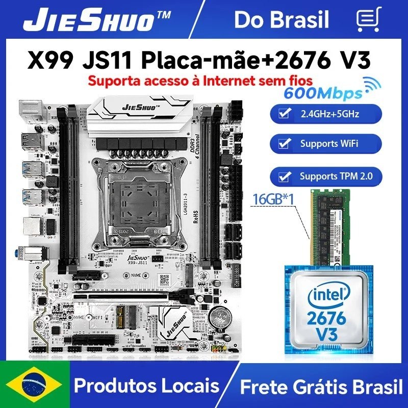 Placa-mãe X99 Jieshuo JS11 com processador Xeon 2676 V3 instalado e 16GB de memória RAM DDR3