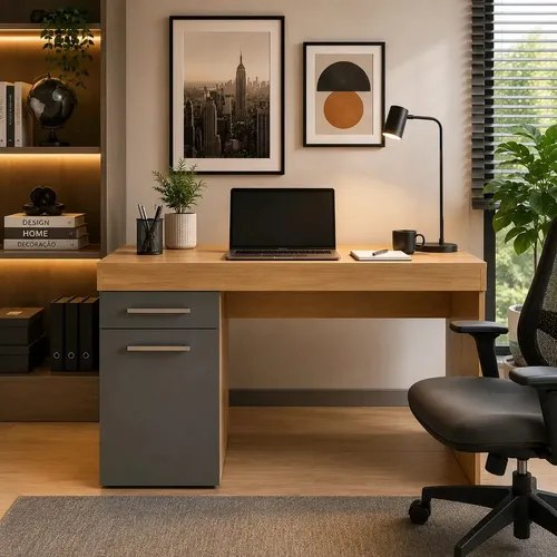 Escrivaninha gamer com 115cm de largura, cor grafite e detalhes em natureza, com 1 gaveta e porta integrada para home office