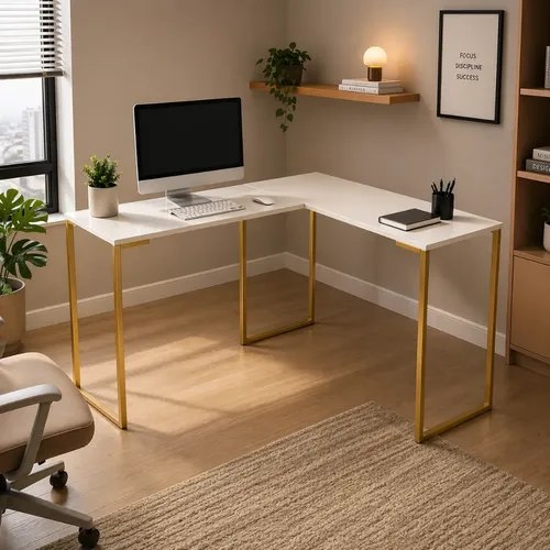 Mesa em L escrivaninha de canto para escritório com design off white e detalhes dourados, estrutura em MDF e base reforçada