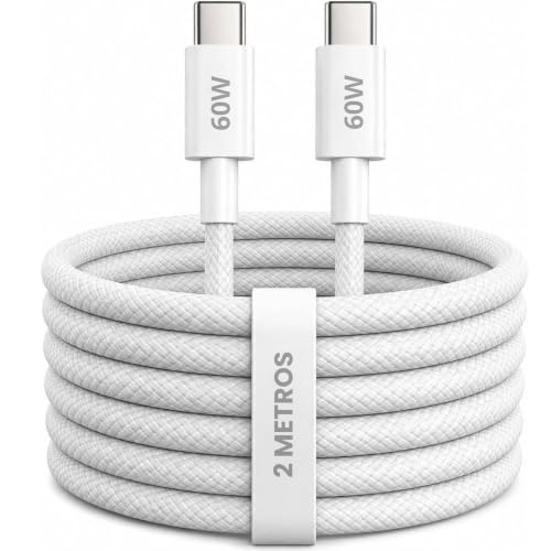 Cabo USB-C Tipo C 60W trançado em nylon, com 2 metros de comprimento, compatível com iPhone 15/16/17 e Samsung Galaxy