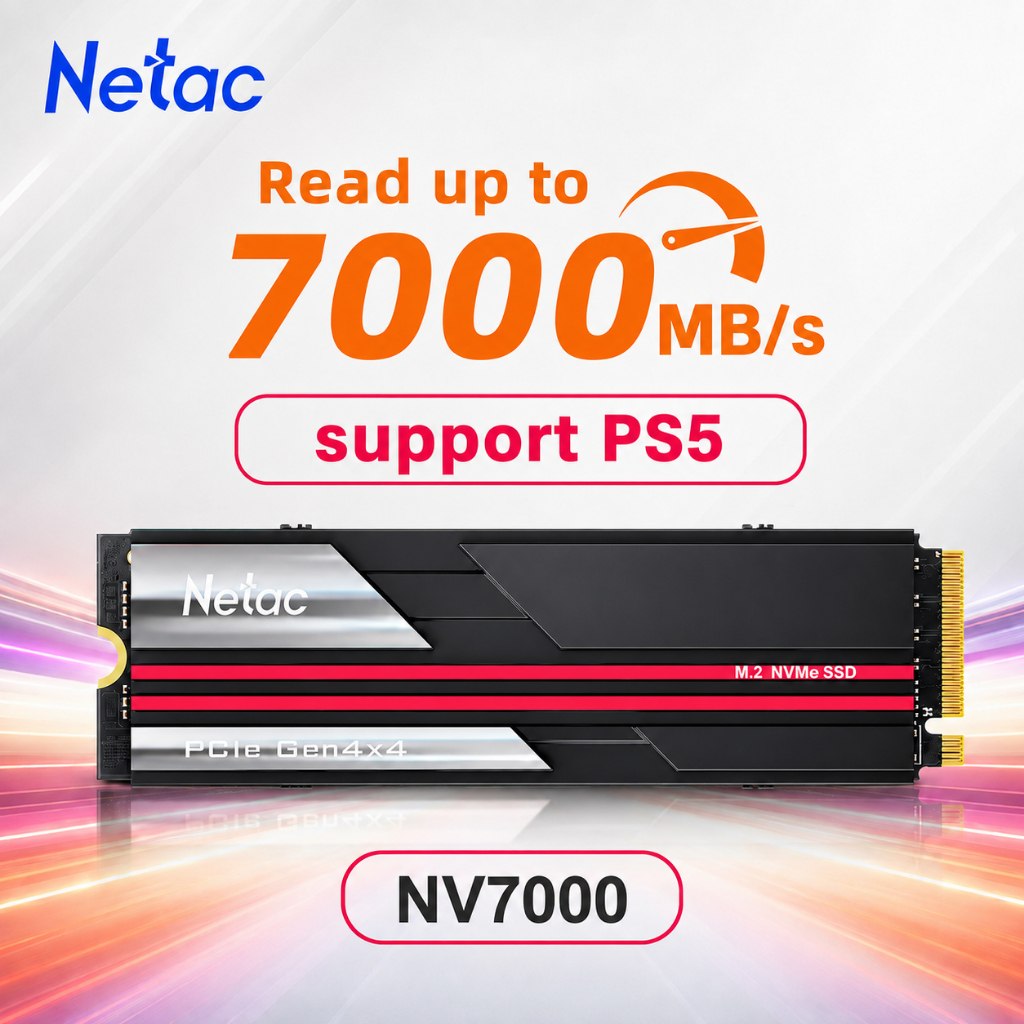 SSD Netac NV7000 1TB PCIe 4.0 com design preto e detalhes em vermelho, compatível com PlayStation 5