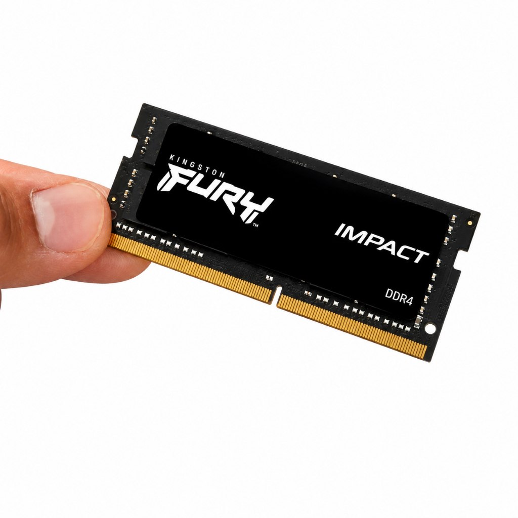 Módulo de memória RAM Kingston Fury Impact 16GB DDR4 2666MHz SODIMM em destaque