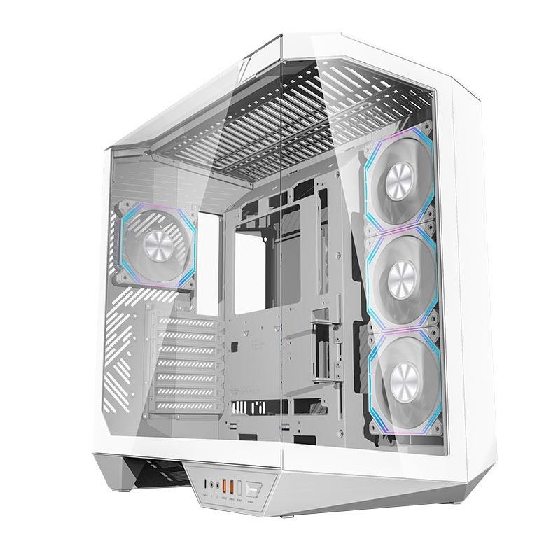 Gabinete Gamer Aigo Darkflash Arcee DY470 Full-Tower na cor branca, com 4 ventiladores ARGB e lateral de vidro temperado