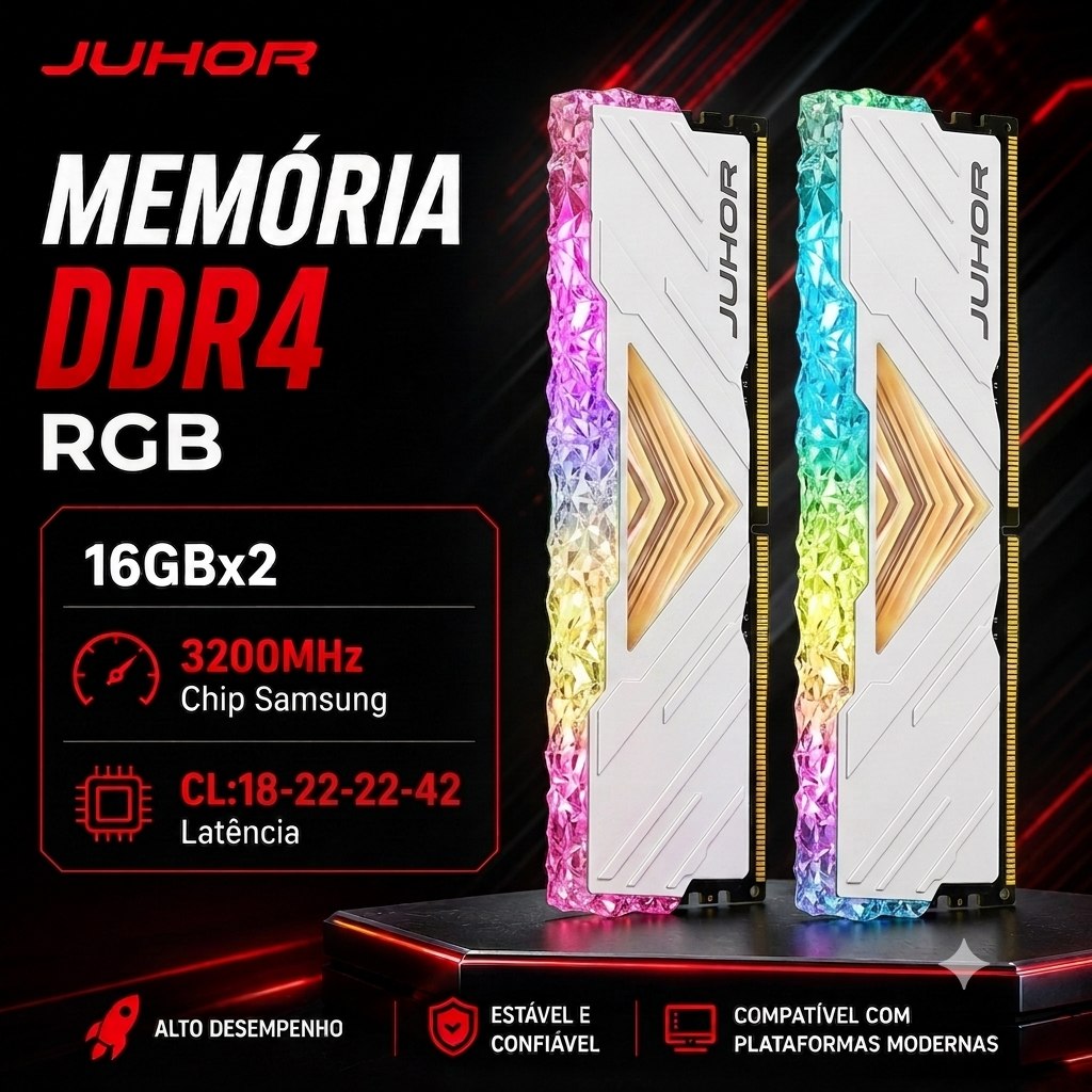 Kit de memória RAM DDR4 JUHOR 32GB (2x16GB) 3200MHz com iluminação RGB, compatível com plataformas Intel e AMD AM4, apresentado em duas barras com design moderno e detalhes em tons de rosa e azul