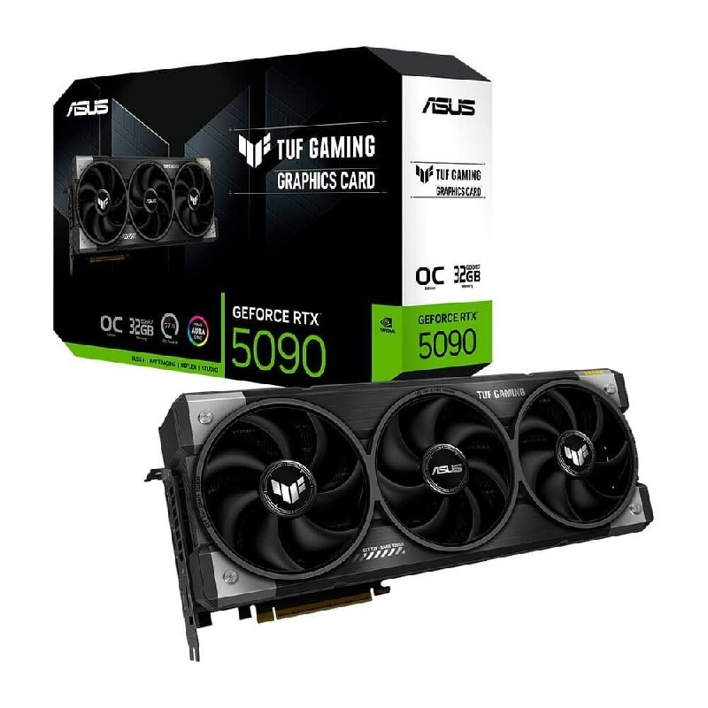 Placa de vídeo ASUS TUF Gaming RTX 5090 com 32GB de memória GDDR7, design robusto com três ventiladores e iluminação RGB