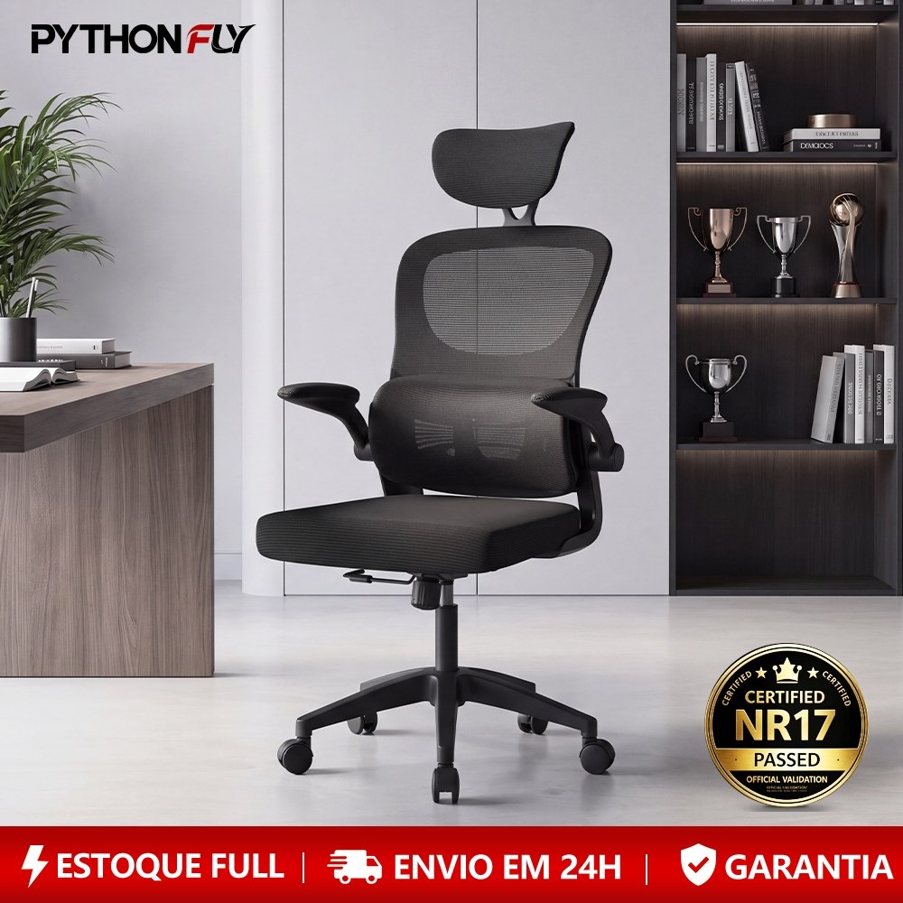 Cadeira ergonômica cinza com estrutura metálica preta, apoio lombar e de cabeça ajustáveis, estofado em mesh e base com cinco rodízios