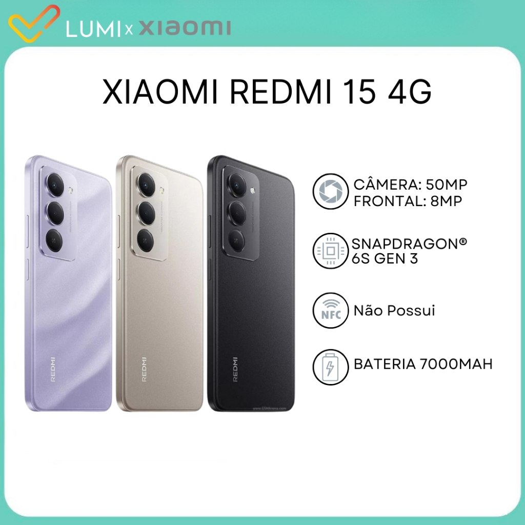 Smartphone Xiaomi Redmi 15 4G em três cores: roxo, bege e preto, com câmera traseira de 50MP e tela com notch