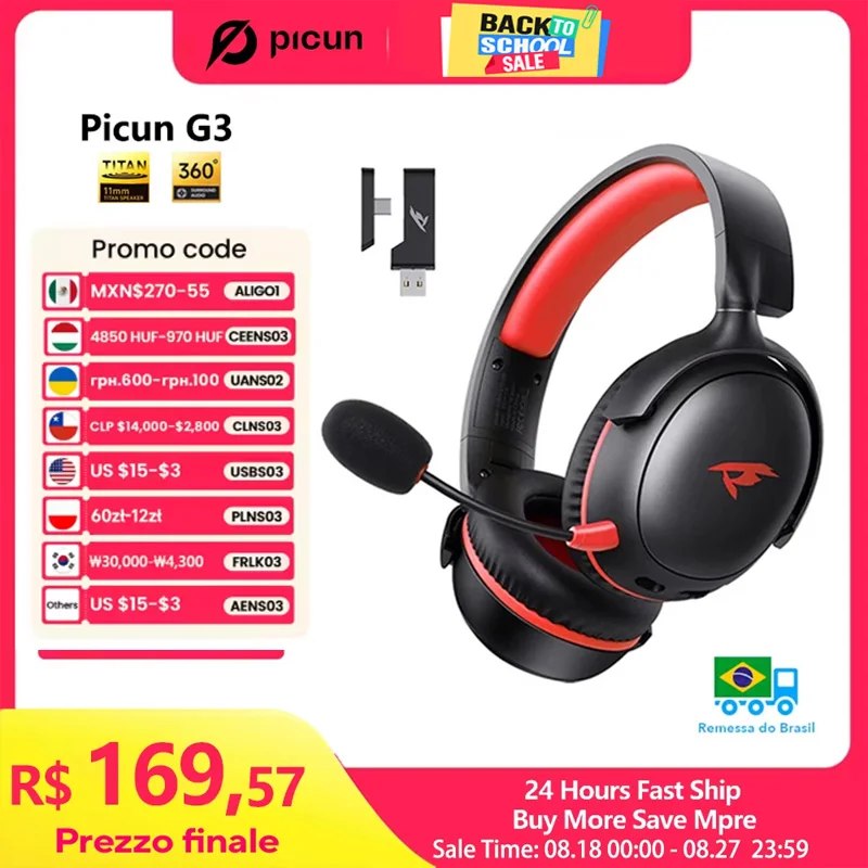 Headset sem fio Picun G3 na cor preta e vermelha com microfone retrátil e design ergonômico