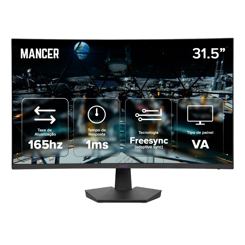 Monitor Gamer Mancer Valak UZ3 com tela curva de 31.5 polegadas, painel VA, resolução FHD, taxa de atualização de 165Hz e tempo de resposta de 1ms, conectividade HDMI e DisplayPort.