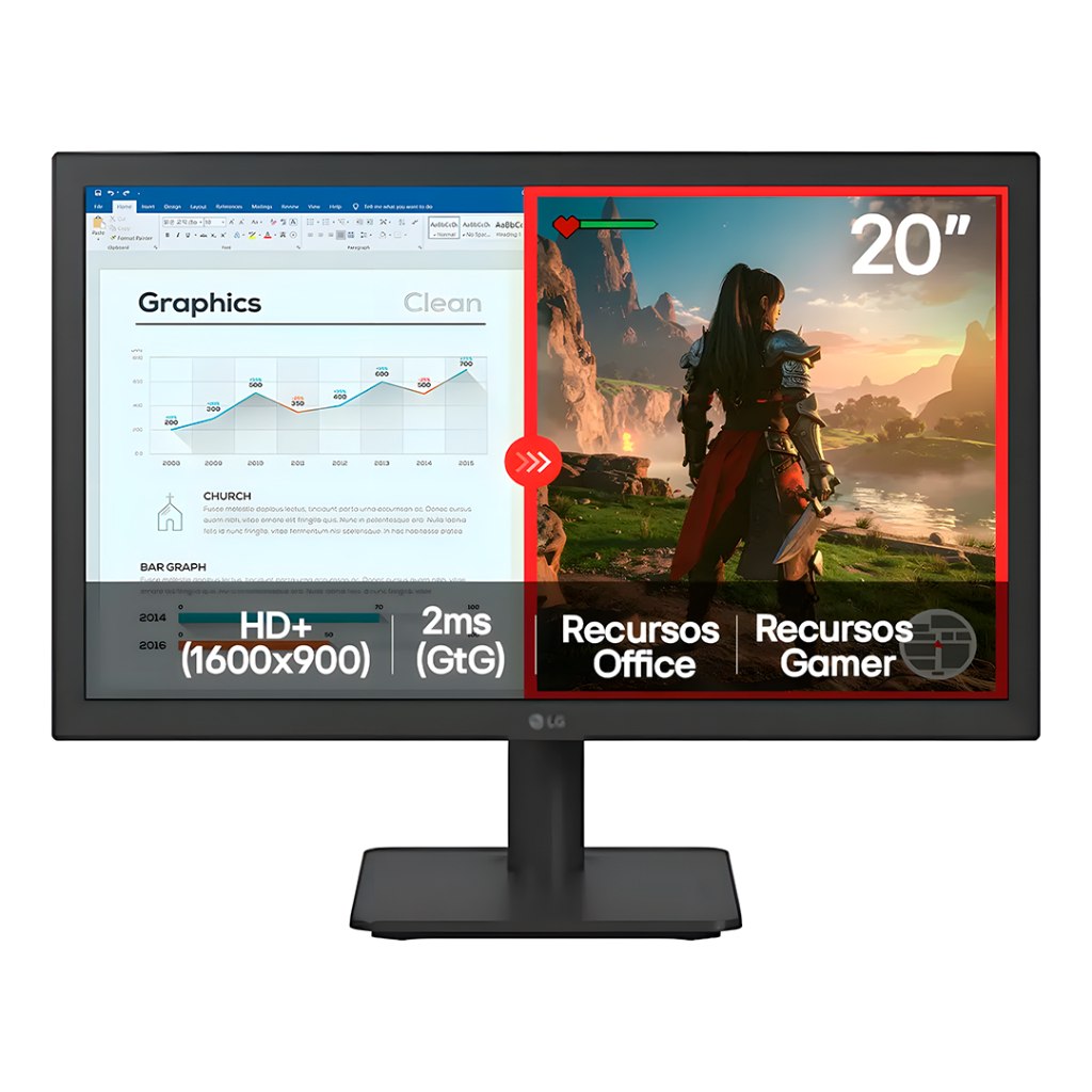 Monitor LG 20 polegadas com tela LED HD+, taxa de atualização de 75Hz, tempo de resposta de 2ms, entradas HDMI e VGA, e design moderno em preto