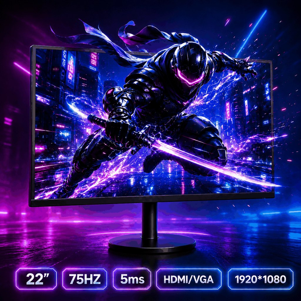 Monitor LCD de 22 polegadas com resolução Full HD, taxa de atualização de 75Hz, entradas HDMI e VGA, e design moderno com suporte VESA 75mm