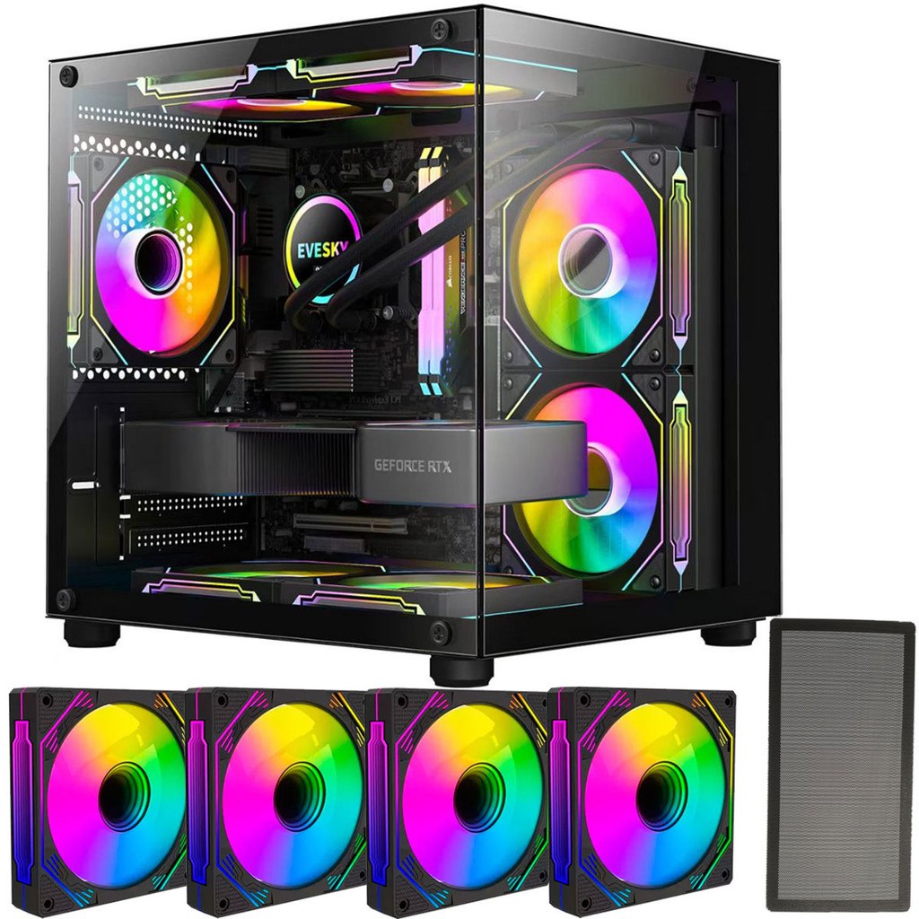 Gabinete gamer com painel de vidro temperado e 4 ventiladores RGB iluminados, exibindo design moderno e estrutura robusta para montagem de PC.
