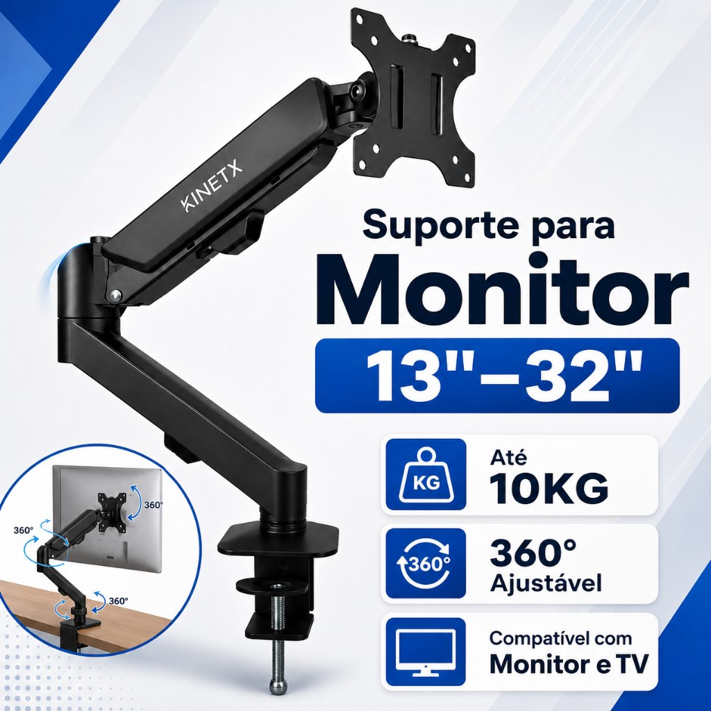 Suporte articulado universal preto para monitor e TV de 13 a 32 polegadas com pistão a gás ajustável