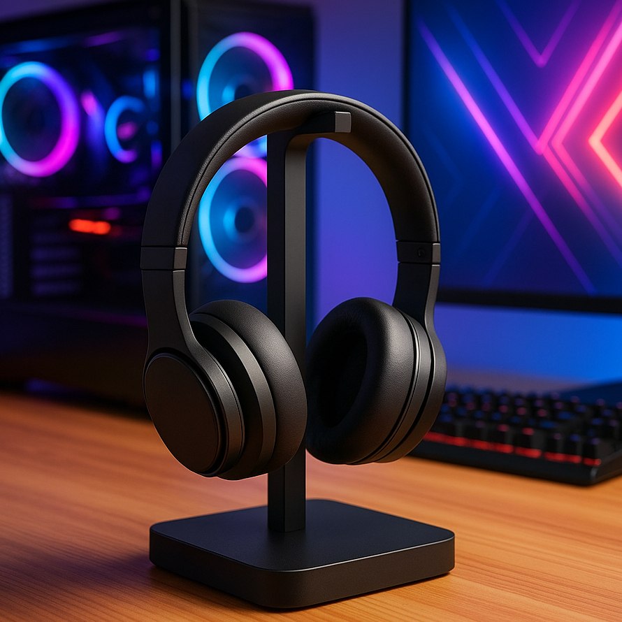 Suporte de mesa minimalista em preto com dois ganchos: um para headset e outro para celular
