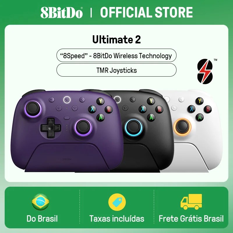 Controle sem fio 8BitDo Ultimate 2 com joysticks TMR, botões ABXY e gatilhos analógicos, nas cores branco, roxo e preto