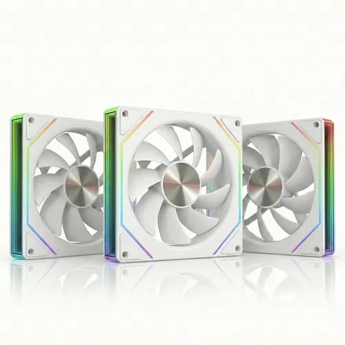 Kit com 3 coolers ARGB Prism Pro 6 Reverse na cor branca, com lâmpadas iluminadas em tons vibrantes, projetados para refrigeração e iluminação personalizada de gabinetes de computador.